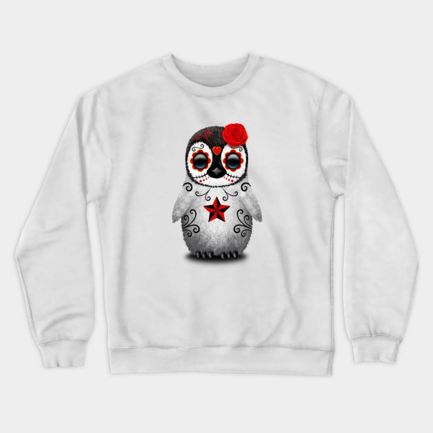 Red Day of the Dead Sugar Skull Penguin Crewneck Sweatshirt by jeffbartels